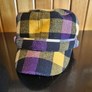 Plaid Wool Cap with Yellow, Purple & Black Checks
